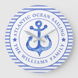 Nautical Anchor Navy Blue Striping Personalisiert Große Wanduhr