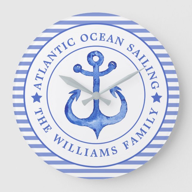 Nautical Anchor Navy Blue Striping Personalisiert Große Wanduhr (Vorderseite)