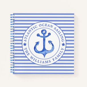 Nautical Anchor Navy Blue Striping Personalisiert Notizbuch