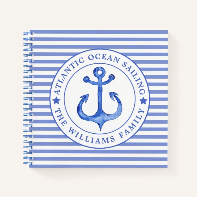 Nautical Anchor Navy Blue Striping Personalisiert Notizbuch (Vorderseite)