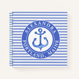Nautical Anchor Navy Blue Striping Personalisiert Notizbuch