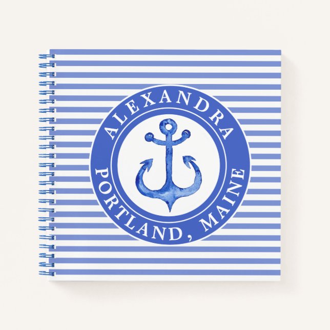 Nautical Anchor Navy Blue Striping Personalisiert Notizbuch (Vorderseite)