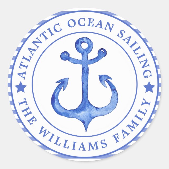Nautical Anchor Navy Blue Striping Personalisiert Runder Aufkleber (Vorderseite)