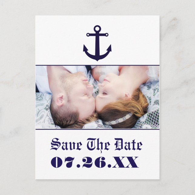 Nautical Anchor Navy Blue Wedding Foto Postcard Ankündigungspostkarte (Vorderseite)