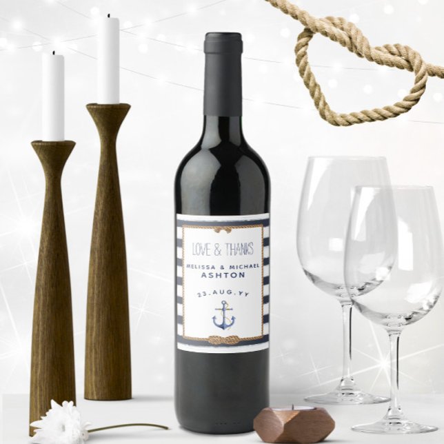 Nautical Anchor Navy Blue & White Event Hochzeit Weinetikett (Nautical Love & Thanks Personalized Nautical Wedding Wine Labels with Navy Blue and White Stripes)