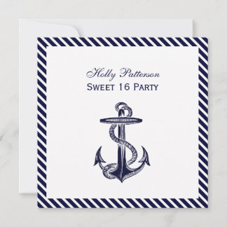 Nautical Anchor Navy Diag Stripe 2SQ Sweet 16 Einladung