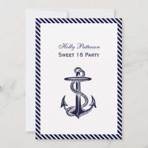Nautical Anchor Navy Diag Stripe 2V Sweet 16 Einladung