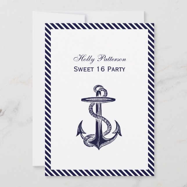Nautical Anchor Navy Diag Stripe 2V Sweet 16 Einladung (Vorderseite)