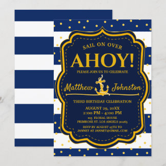 Nautical Anchor Navy & Gold Stripe Baby Geburtstag Einladung