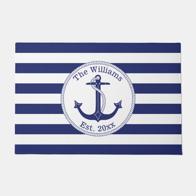 Nautical Anchor Navy Stripes Familienname 24 x 36 Fußmatte (Vorderseite)