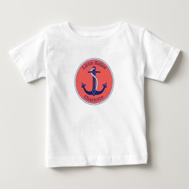 Nautical Anchor Navy und Koral Little Sailor Name Baby T-shirt (Vorderseite)