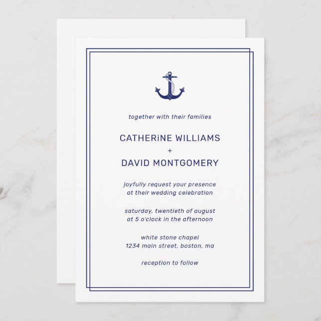 Nautical Anchor Navy & White Minimalistisch Weddin Einladung (Vorne/Hinten)