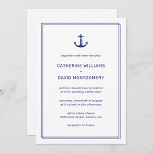 Nautical Anchor Navy & White Minimalistisch Weddin Einladung