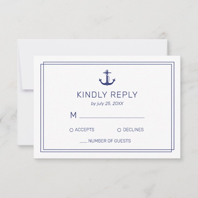 Nautical Anchor Navy & White Minimalistisch Weddin RSVP Karte (Vorderseite)