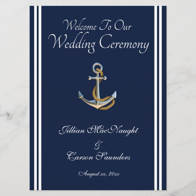 Nautical Anchor - Navy & White Wedding Service Programm (Vorderseite)