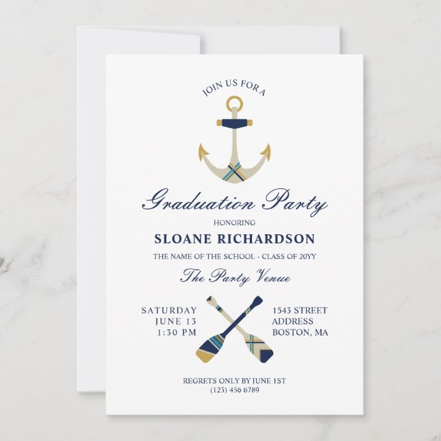 Nautical Anchor & Oars Navy Graduation Party Einladung (Vorderseite)
