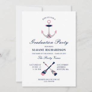 Nautical Anchor & Oars Navy Pink Graduation Party Einladung