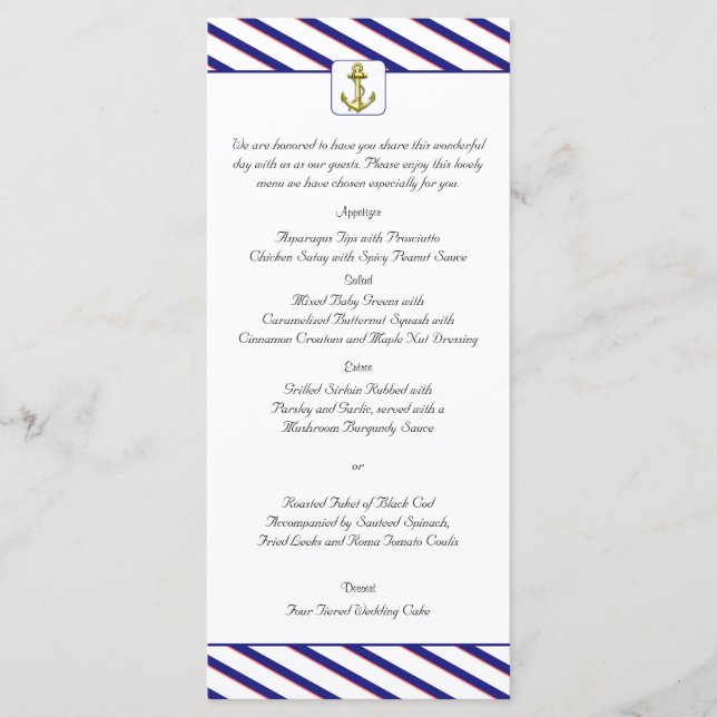Nautical Anchor on Blue Stripe Wedding Menu Menükarte (Vorderseite)