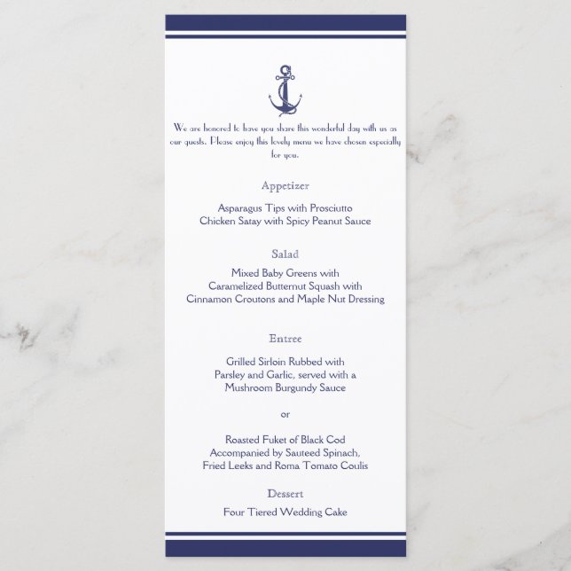 Nautical Anchor on Navy Wedding Menu Menükarte (Vorderseite)
