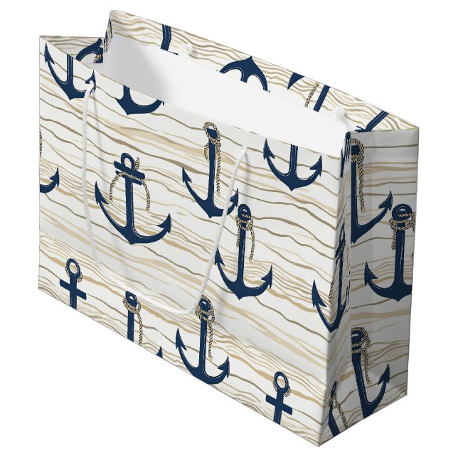 Nautical Anchor Pattern on Driftwood (1) Große Geschenktüte (Vorderseite Schrägansicht)