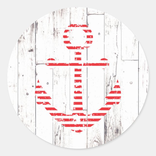 Nautical Anchor Red Stripes White Wood Party Runder Aufkleber (Vorderseite)