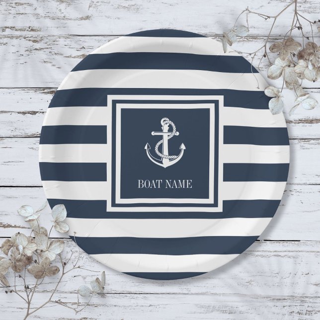 Nautical Anchor Rope Boat Name Navy Blue Striping Pappteller (Nautical Anchor Rope Boat Name Navy Blue Striped Paper Plates)