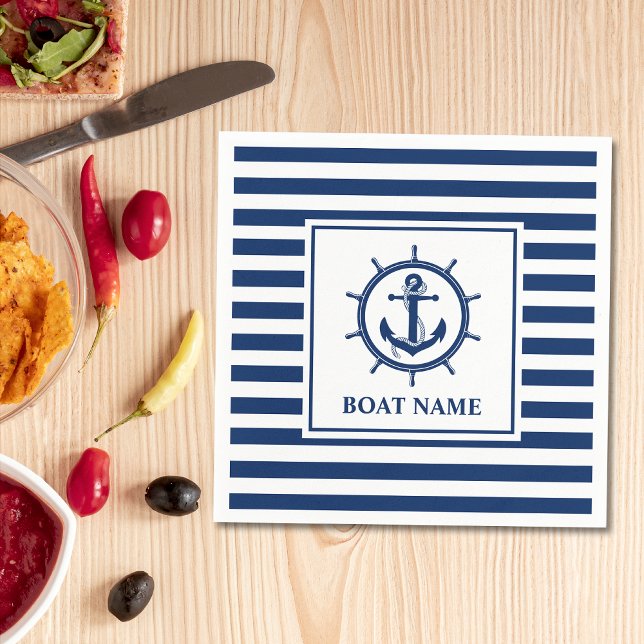 Nautical Anchor Rope Wheel Striped Boat Name Serviette (Customize to change text size or text style. )