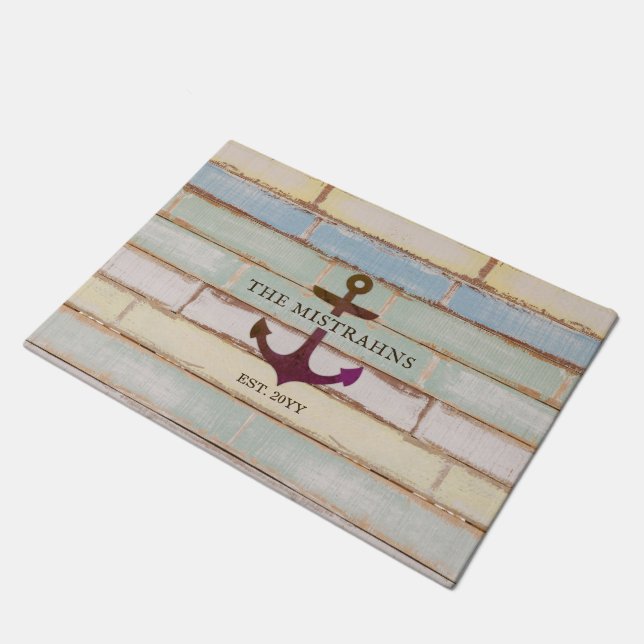 Nautical Anchor Rustic Wood Boat Name Fußmatte (Schrägansicht)