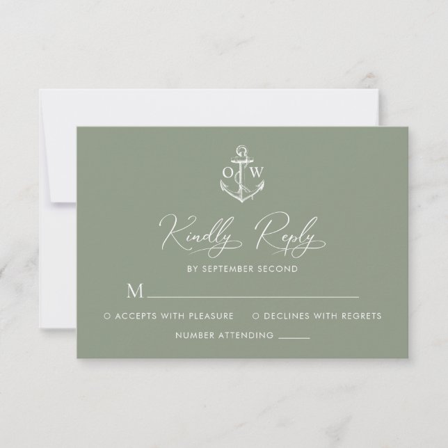 Nautical Anchor Sage Green Monogram Wedding RSVP Karte (Vorderseite)