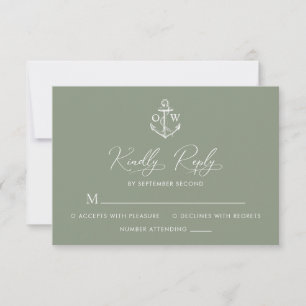 Nautical Anchor Sage Green Monogram Wedding RSVP Karte