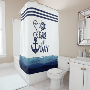 Nautical Anchor SEAS THE DAY Watercolor Navy White Duschvorhang