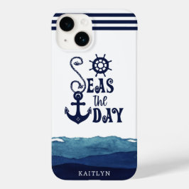 Nautical Anchor SEAS THE DAY Watercolor Waves Navy Case-Mate iPhone 14 Hülle
