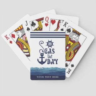 Nautical Anchor SEAS THE DAY Watercolor Waves NavY Spielkarten