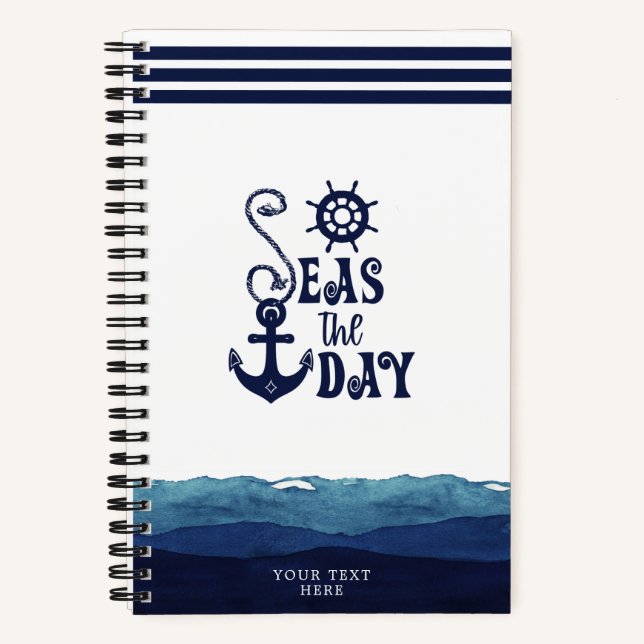 Nautical Anchor SEAS THE DAY Watercolor Waves Notizbuch (Vorderseite)