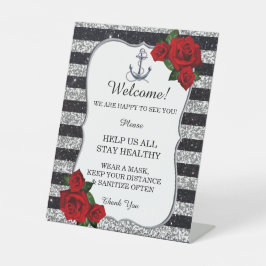 Nautical Anchor Silver Black Stripe Hochzeitssiche Sockelschild