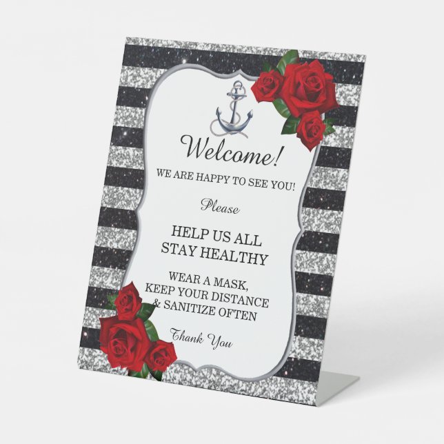 Nautical Anchor Silver Black Stripe Hochzeitssiche Sockelschild (Vorderseite)