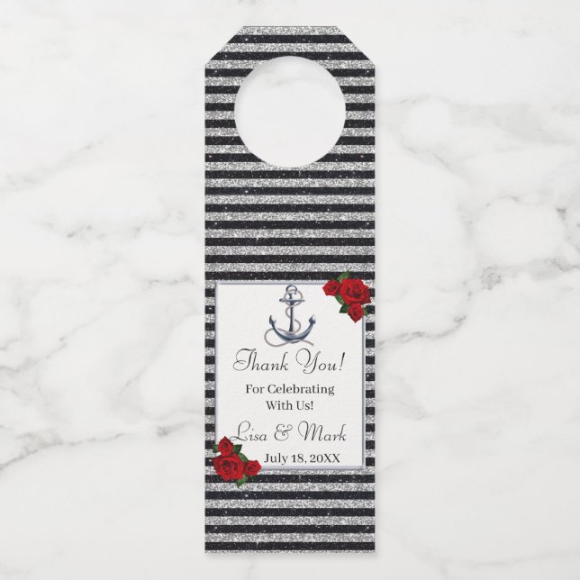 Nautical Anchor Silver Black Stripes Wedding Flaschenanhänger (Vorderseite)