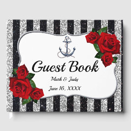 Nautical Anchor Silver Black Stripes Wedding Gästebuch