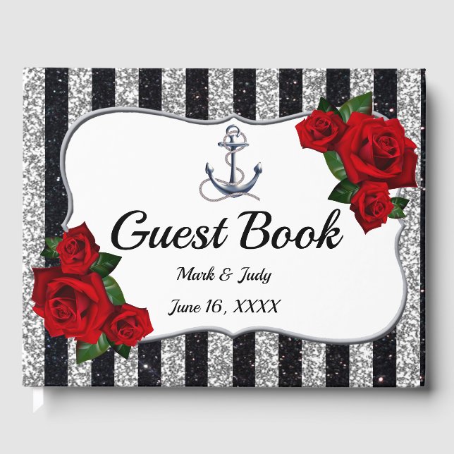 Nautical Anchor Silver Black Stripes Wedding Gästebuch (Vorderseite)