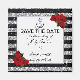 Nautical Anchor Silver Black Stripes Wedding Magnet