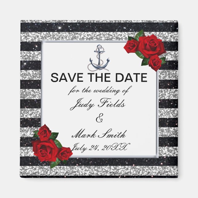 Nautical Anchor Silver Black Stripes Wedding Magnet (Vorne)