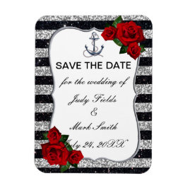Nautical Anchor Silver Black Stripes Wedding Magnet