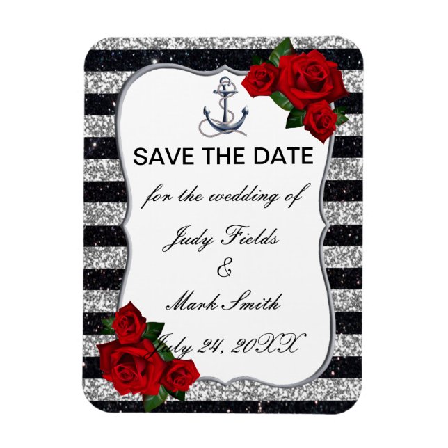 Nautical Anchor Silver Black Stripes Wedding Magnet (Vertikal)