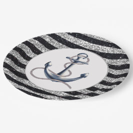 Nautical Anchor Silver Black Stripes Wedding Pappteller
