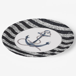 Nautical Anchor Silver Black Stripes Wedding Pappteller