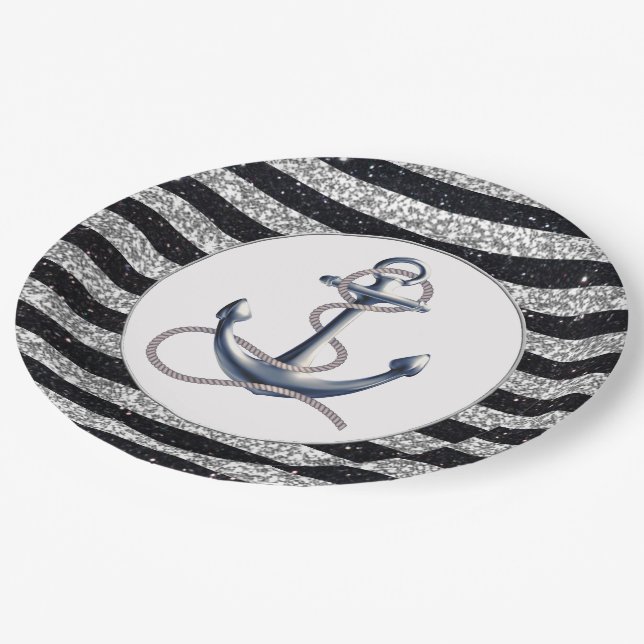 Nautical Anchor Silver Black Stripes Wedding Pappteller (Schrägansicht)