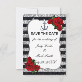 Nautical Anchor Silver Black Stripes Wedding RSVP Karte