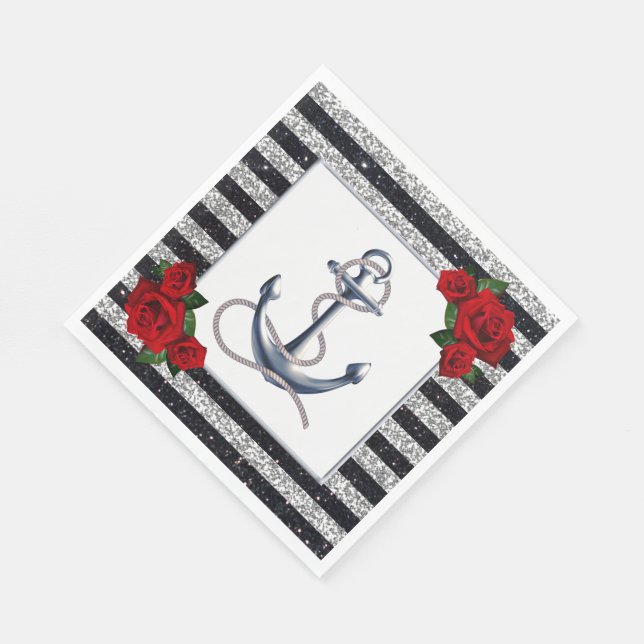 Nautical Anchor Silver Black Stripes Wedding Serviette (Ecke)