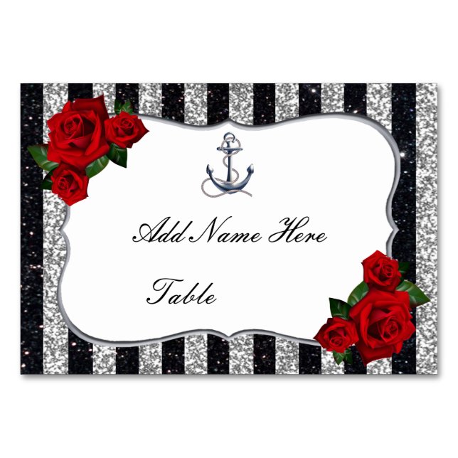 Nautical Anchor Silver Black Stripes Wedding Tischnummer (Vorderseite)