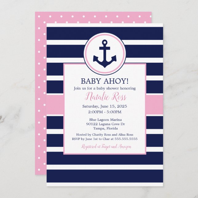 Nautical Anchor Sommer Ahoy! Girl Baby Shower Einladung (Vorne/Hinten)